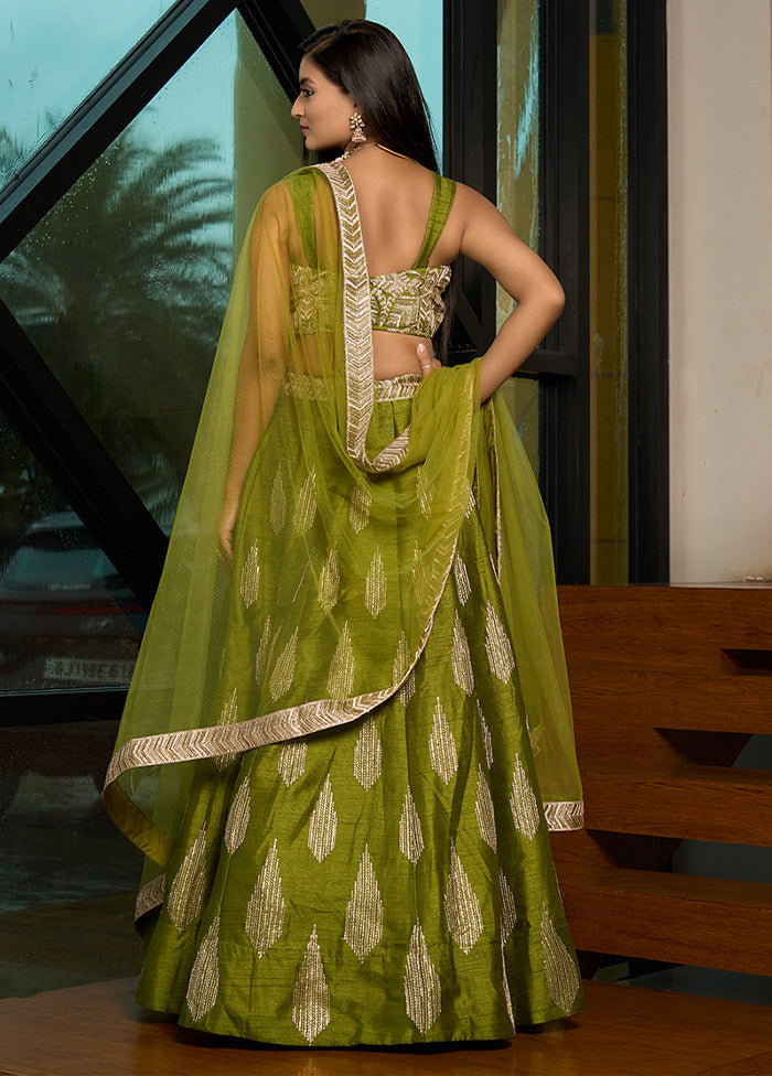 3 Pc Green Silk Semi Stitched Lehenga Set