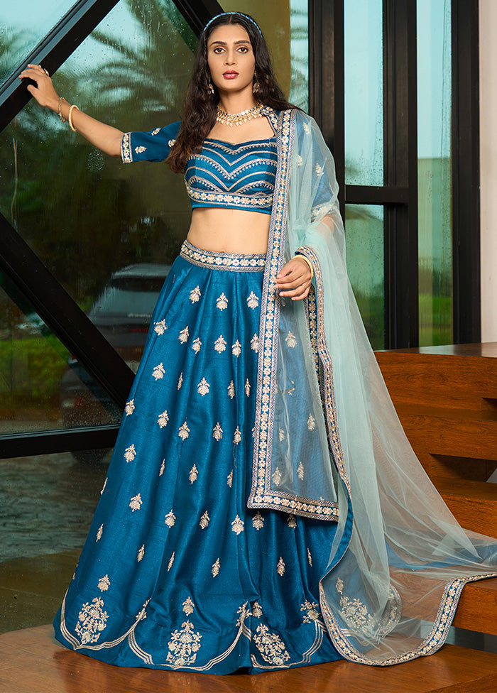 3 Pc Blue Silk Semi Stitched Lehenga Set