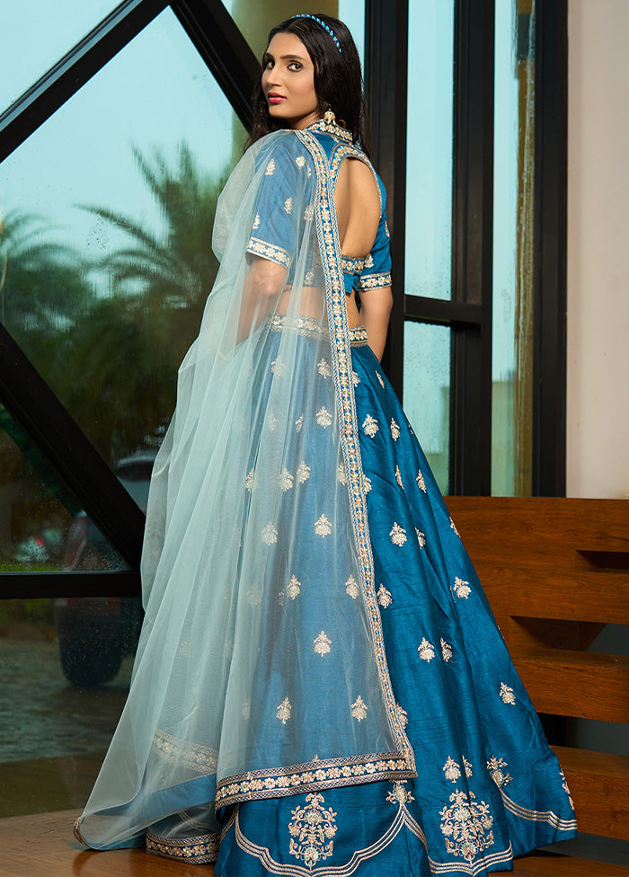 3 Pc Blue Silk Semi Stitched Lehenga Set