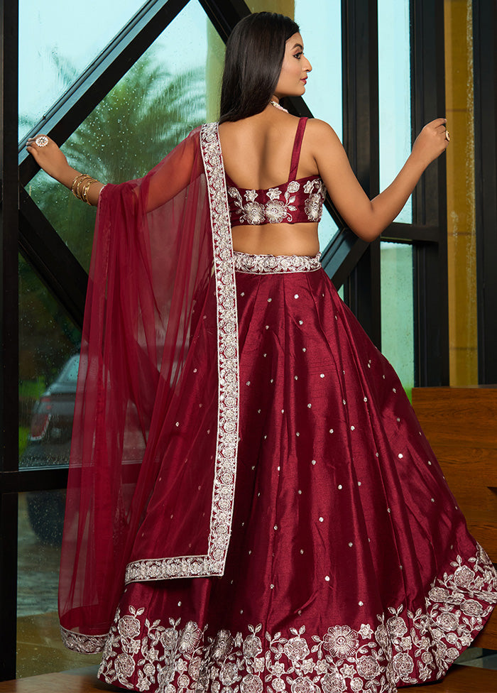 3 Pc Maroon Silk Semi Stitched Lehenga Set