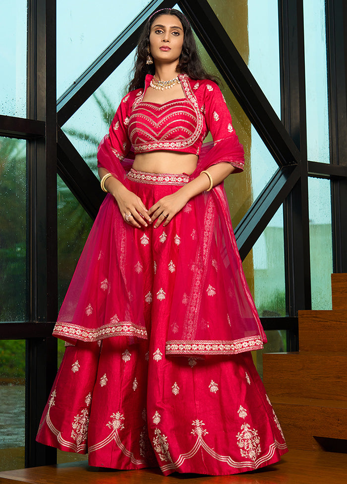 3 Pc Pink Silk Semi Stitched Lehenga Set