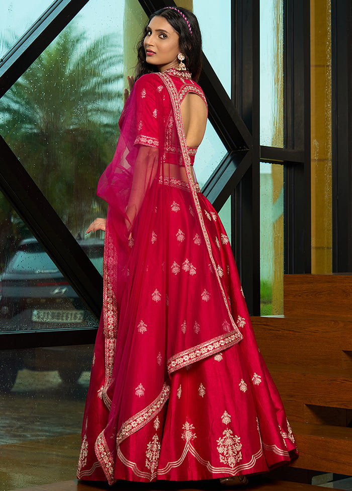 3 Pc Pink Silk Semi Stitched Lehenga Set