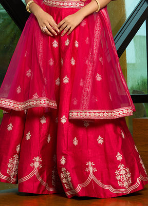 3 Pc Pink Silk Semi Stitched Lehenga Set