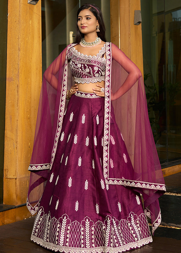 3 Pc Purple Silk Semi Stitched Lehenga Set