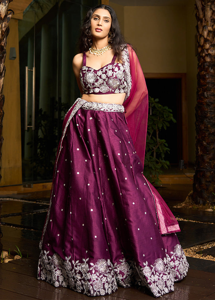 3 Pc Purple Silk Semi Stitched Lehenga Set