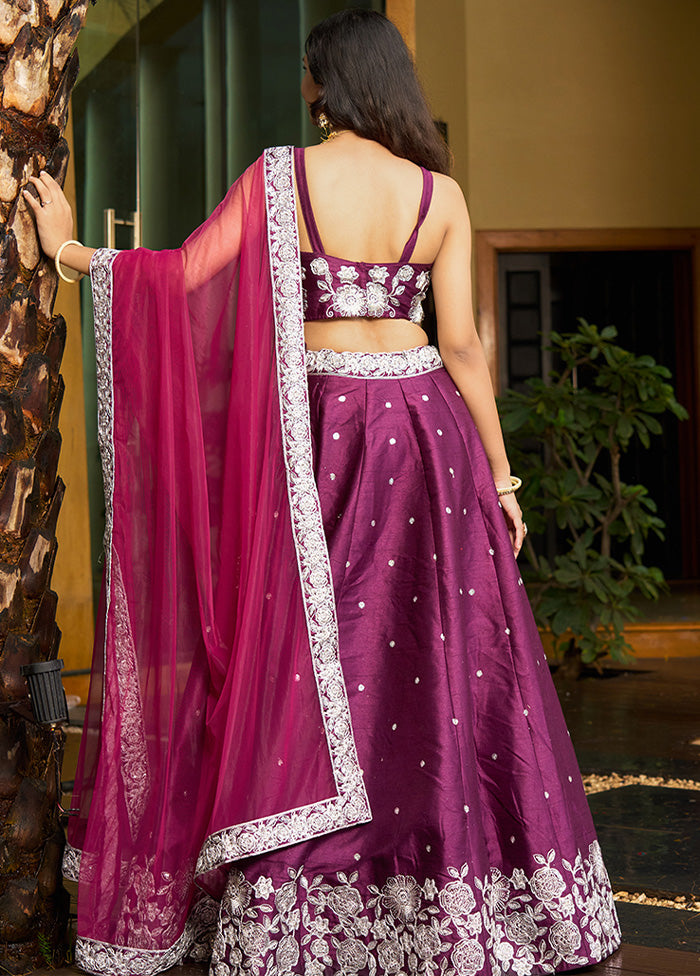 3 Pc Purple Silk Semi Stitched Lehenga Set