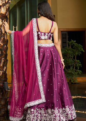 3 Pc Purple Silk Semi Stitched Lehenga Set