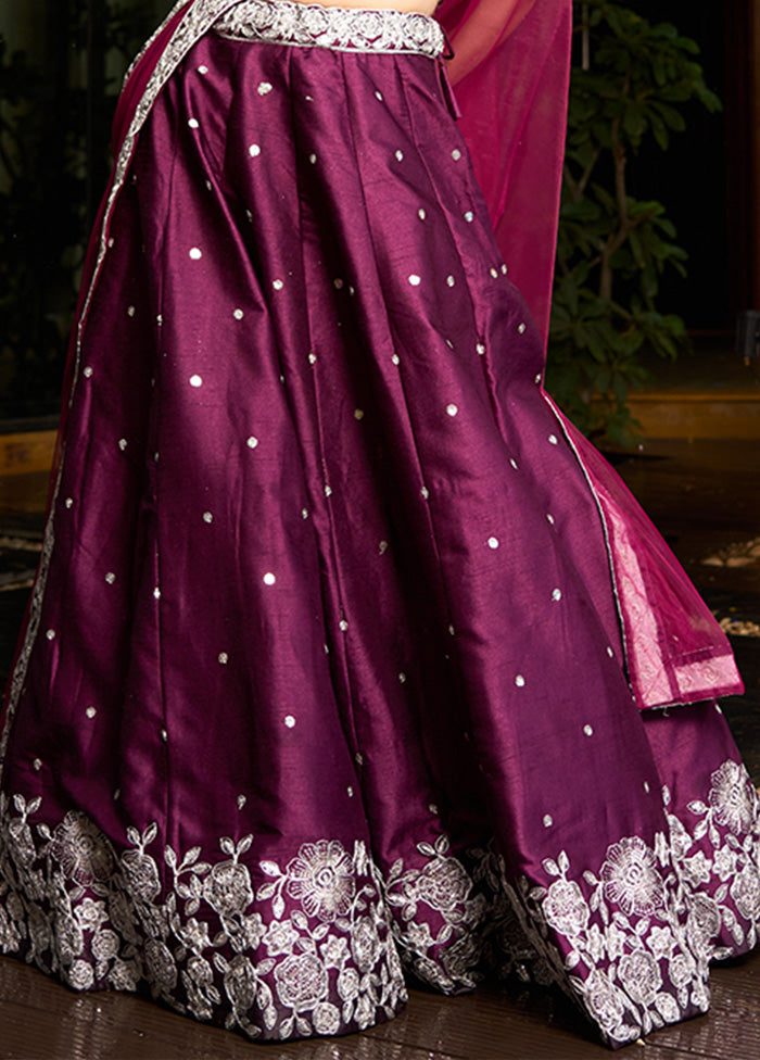 3 Pc Purple Silk Semi Stitched Lehenga Set