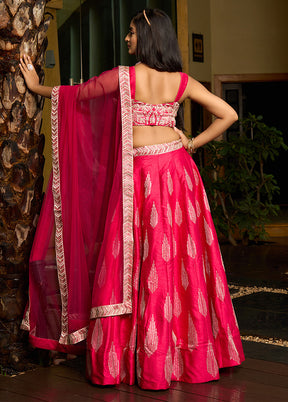 3 Pc Pink Silk Semi Stitched Lehenga Set