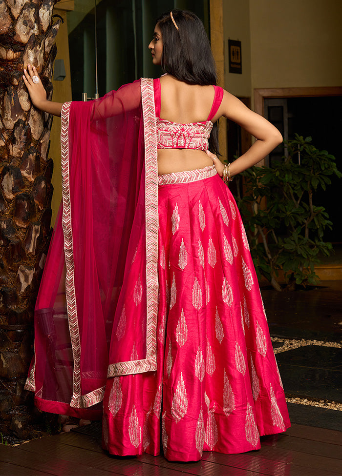 3 Pc Pink Silk Semi Stitched Lehenga Set