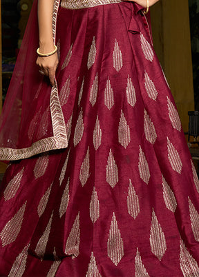 3 Pc Maroon Silk Semi Stitched Lehenga Set