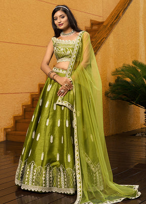 3 Pc Green Silk Semi Stitched Lehenga Set