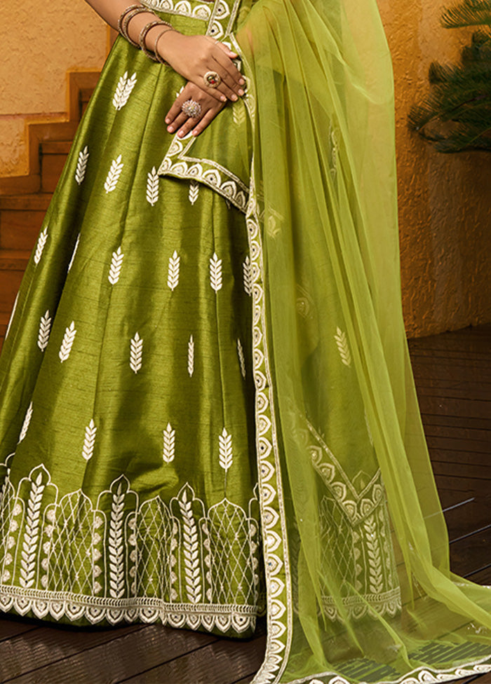 3 Pc Green Silk Semi Stitched Lehenga Set