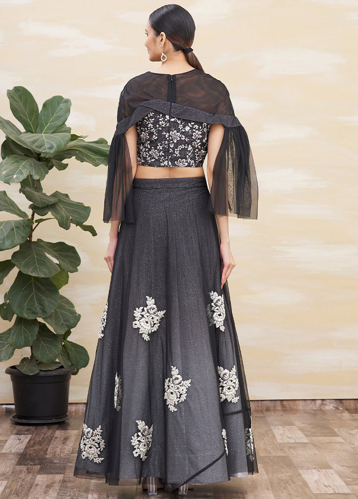 3 Pc Black Silk Semi Stitched Lehenga Set