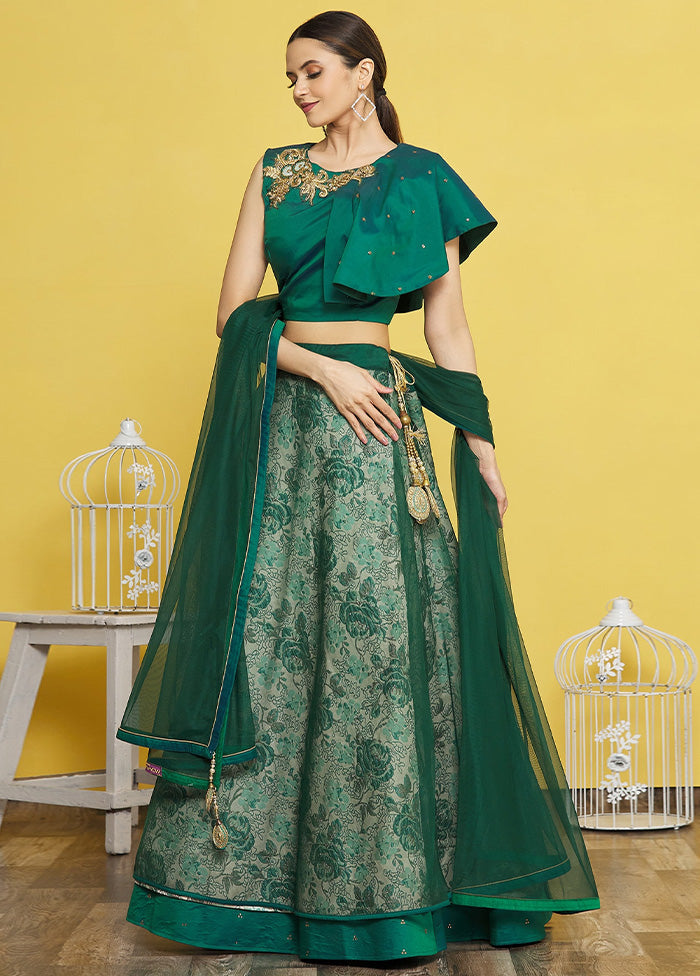 3 Pc Green Silk Semi Stitched Lehenga Set