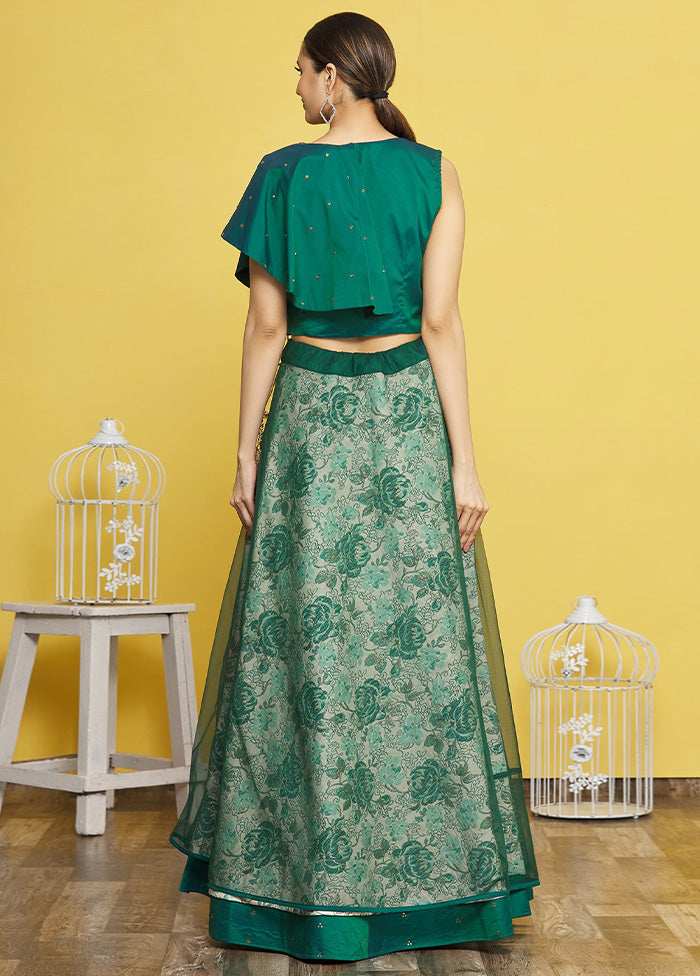 3 Pc Green Silk Semi Stitched Lehenga Set