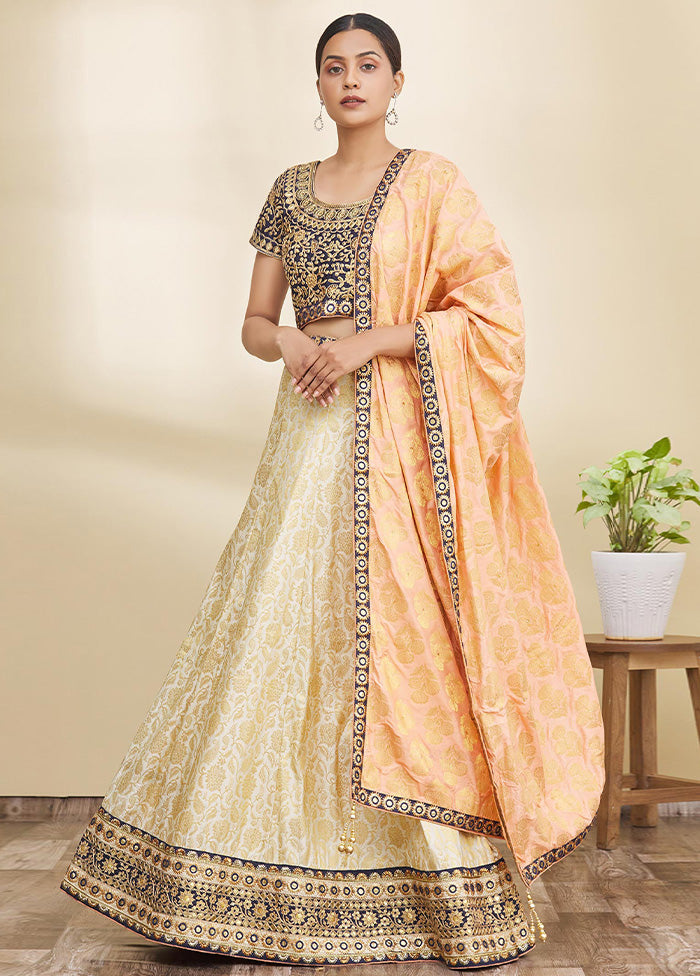 3 Pc Cream Silk Semi Stitched Lehenga Set