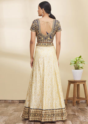 3 Pc Cream Silk Semi Stitched Lehenga Set