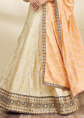 3 Pc Cream Silk Semi Stitched Lehenga Set