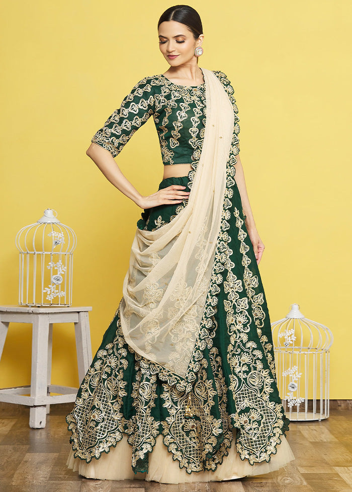 3 Pc Green Silk Semi Stitched Lehenga Set