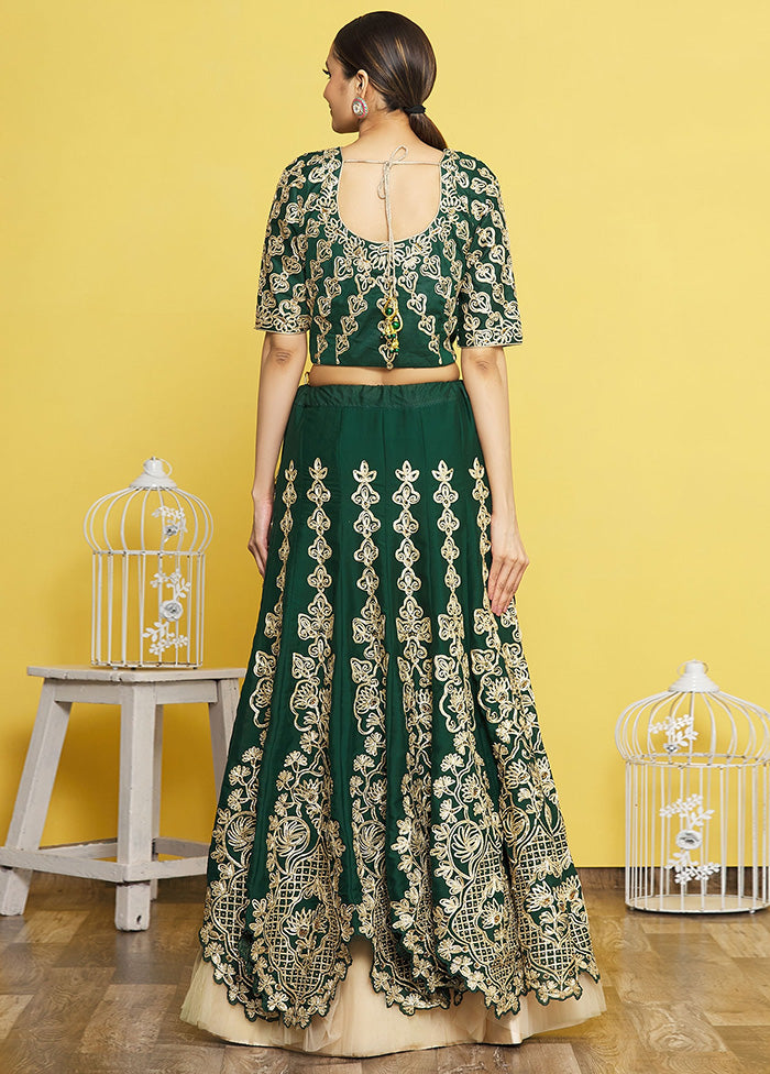 3 Pc Green Silk Semi Stitched Lehenga Set