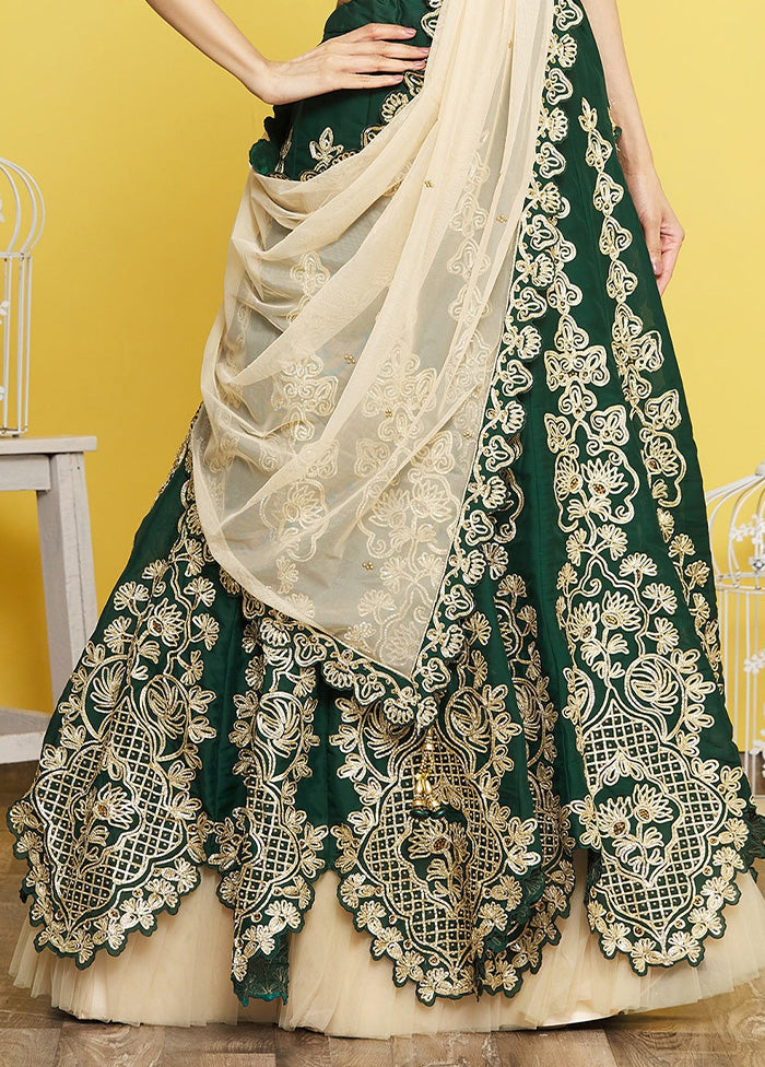 3 Pc Green Silk Semi Stitched Lehenga Set