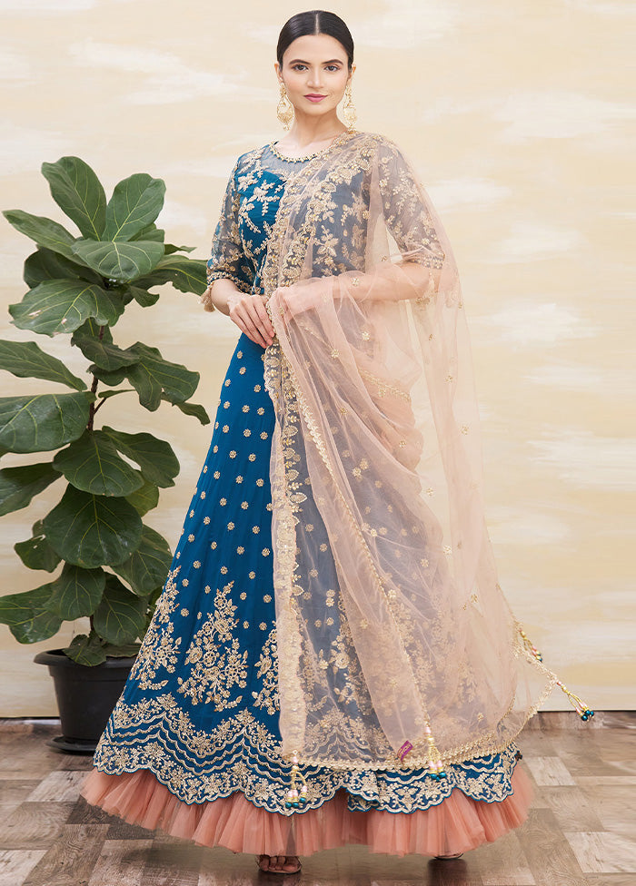 3 Pc Teal Blue Silk Semi Stitched Lehenga Set