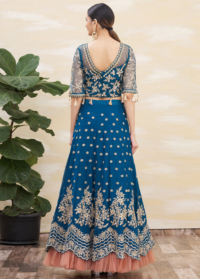 3 Pc Teal Blue Silk Semi Stitched Lehenga Set