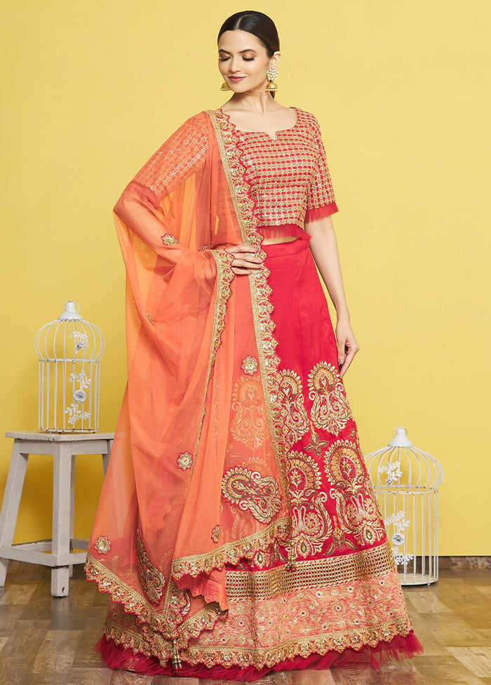 3 Pc Red Silk Semi Stitched Lehenga Set