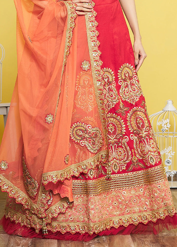 3 Pc Red Silk Semi Stitched Lehenga Set