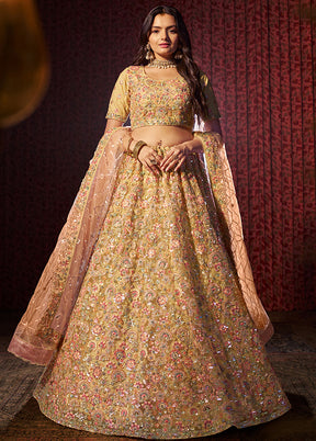 3 Pc Yellow Net Semi Stitched Lehenga Set