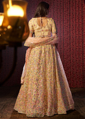 3 Pc Yellow Net Semi Stitched Lehenga Set