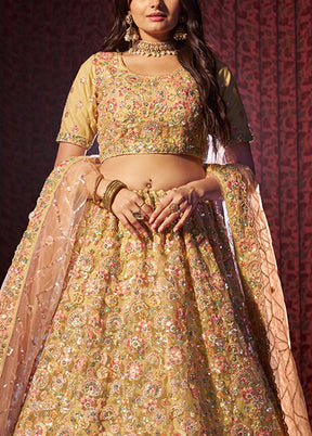 3 Pc Yellow Net Semi Stitched Lehenga Set