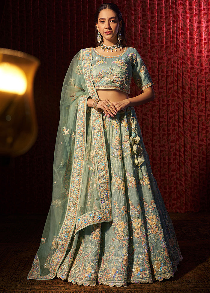 3 Pc Turquoise Silk Semi Stitched Lehenga Set