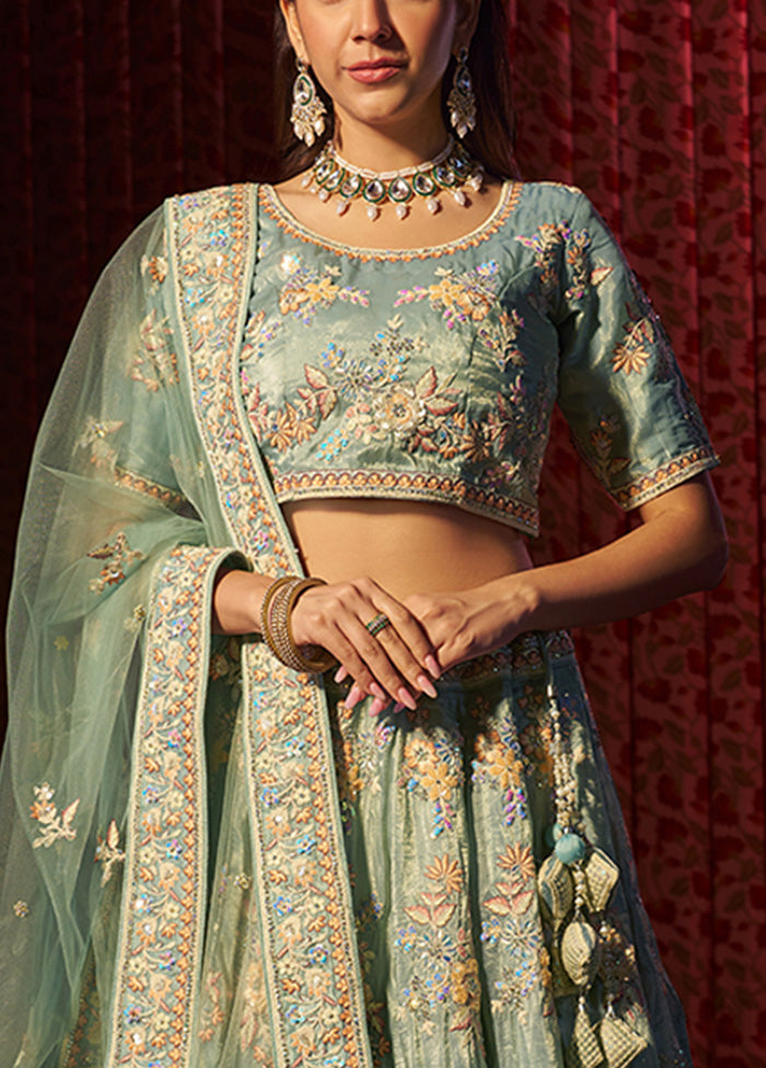 3 Pc Turquoise Silk Semi Stitched Lehenga Set