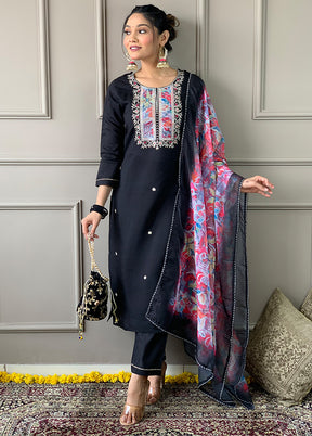 3 Pc Black Readymade Rayon Dupatta Suit Set