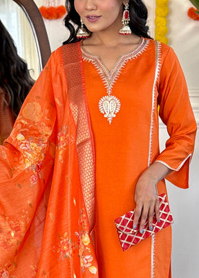 3 Pc Orange Readymade Viscose Dupatta Suit Set