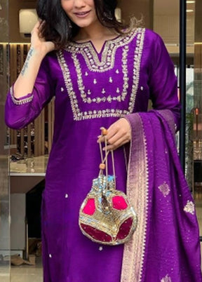 3 Pc Purple Readymade Viscose Dupatta Suit Set