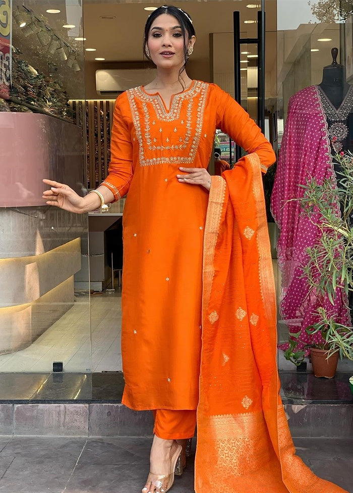 3 Pc Orange Readymade Viscose Dupatta Suit Set