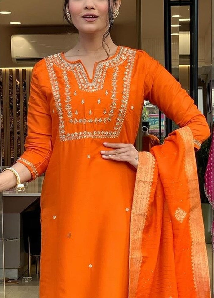 3 Pc Orange Readymade Viscose Dupatta Suit Set