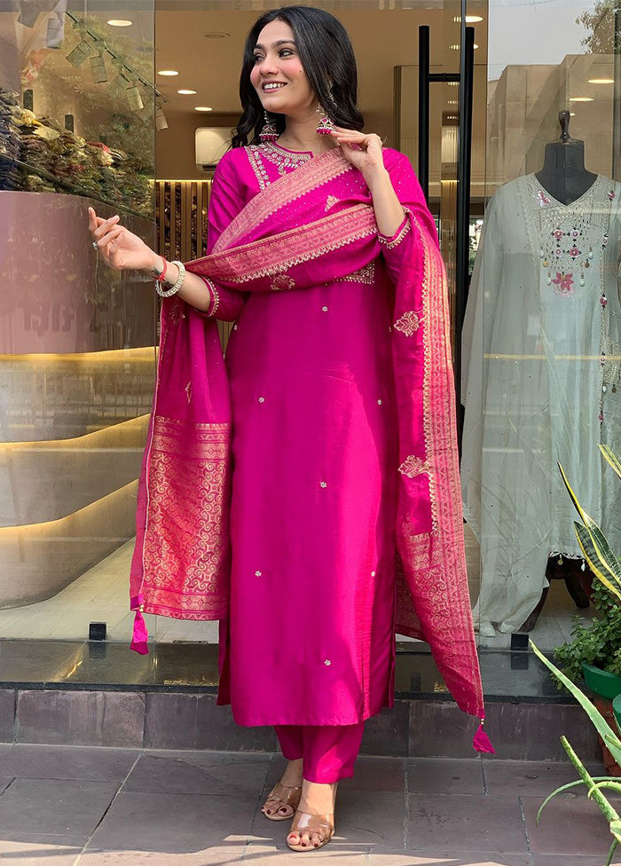 3 Pc Pink Readymade Viscose Dupatta Suit Set