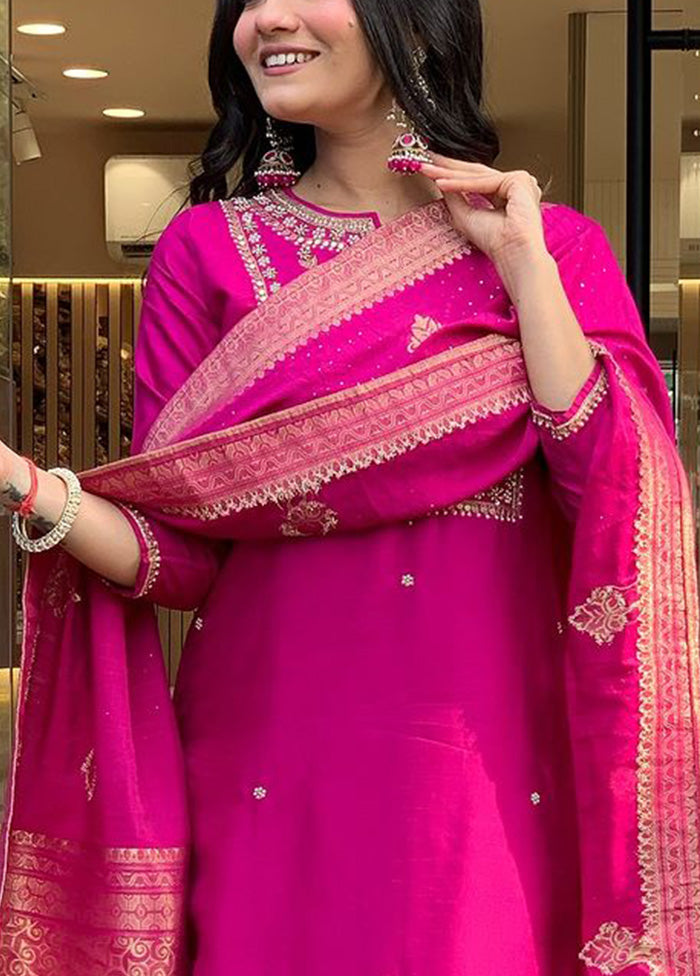 3 Pc Pink Readymade Viscose Dupatta Suit Set