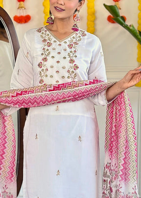 3 Pc White Readymade Viscose Dupatta Suit Set