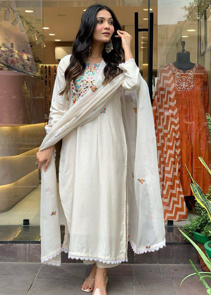 3 Pc Cream Readymade Viscose Dupatta Suit Set