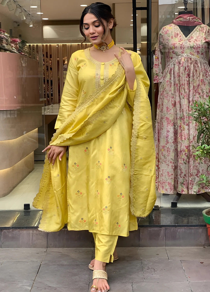 3 Pc Yellow Readymade Viscose Dupatta Suit Set