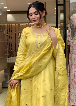 3 Pc Yellow Readymade Viscose Dupatta Suit Set