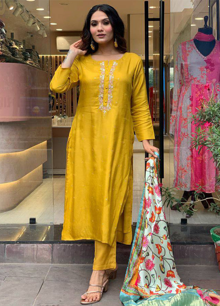 3 Pc Mustard Readymade Viscose Dupatta Suit Set