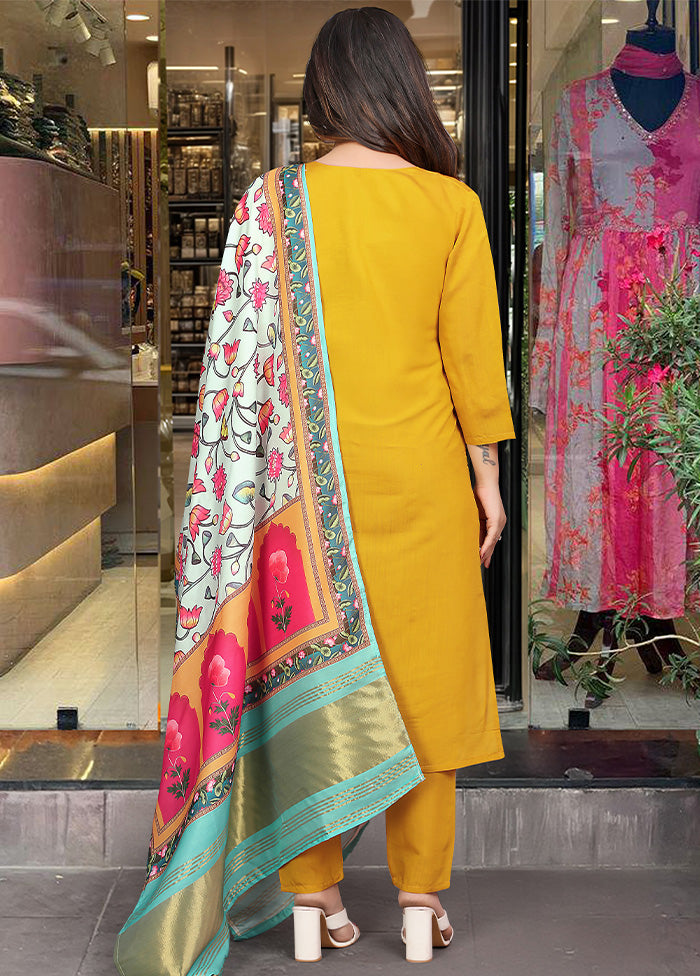 3 Pc Mustard Readymade Viscose Dupatta Suit Set