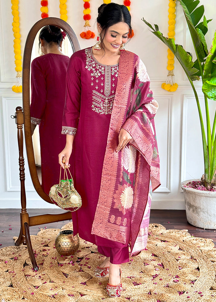3 Pc Burgundy Readymade Viscose Dupatta Suit Set