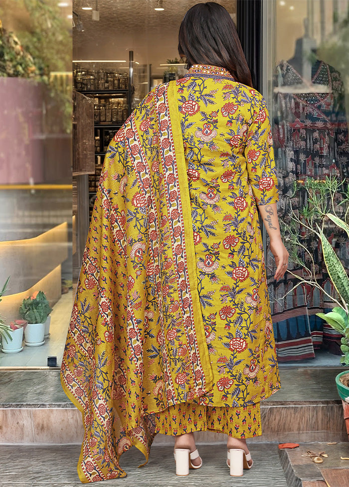 3 Pc Yellow Readymade Cotton Dupatta Suit Set